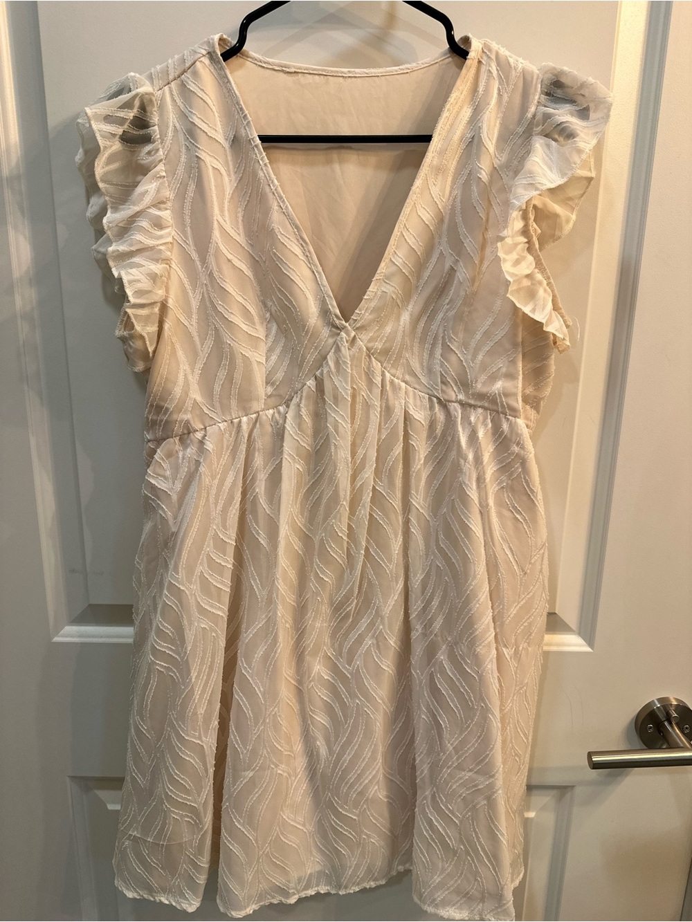 Amazon Cream Ruffle Sleeve V-Neck Textured Dress